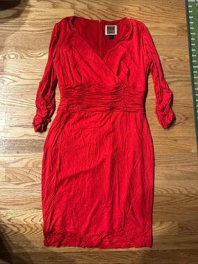 Nue by Shani Red Ruched Wrap-Front Long Sleeve Dress